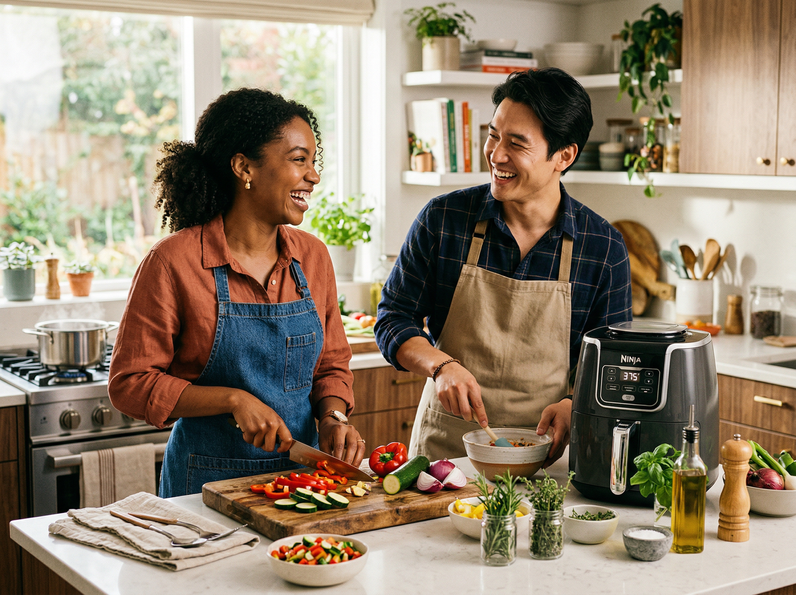 Two people laughing and cooking together in a bright kitchen with a Ninja air fryer on the counter
